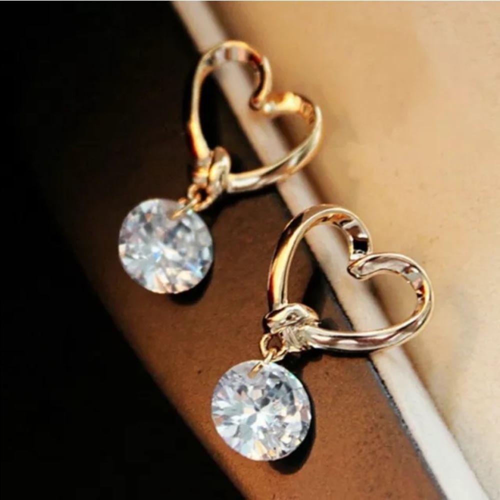 Gold Heart Earrings with Crystals NEW - Picture 8 of 14